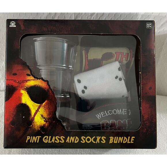CULTUREFLY New Line Cinema FRIDAY THE 13TH Pint Glass (16 fl oz) & 3 Pack Socks - Picture 1 of 4